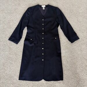 Vintage Nordstrom Point of View Wool Dress Womens 8 Navy Blue Midi Button‎ Front